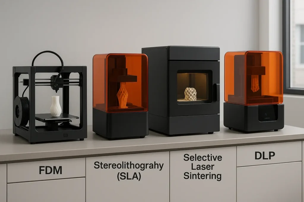 Quatre imprimantes 3D étiquetées montrant les technologies FDM, SLA, SLS et DLP sur un établi moderne avec des pièces imprimées en cours.