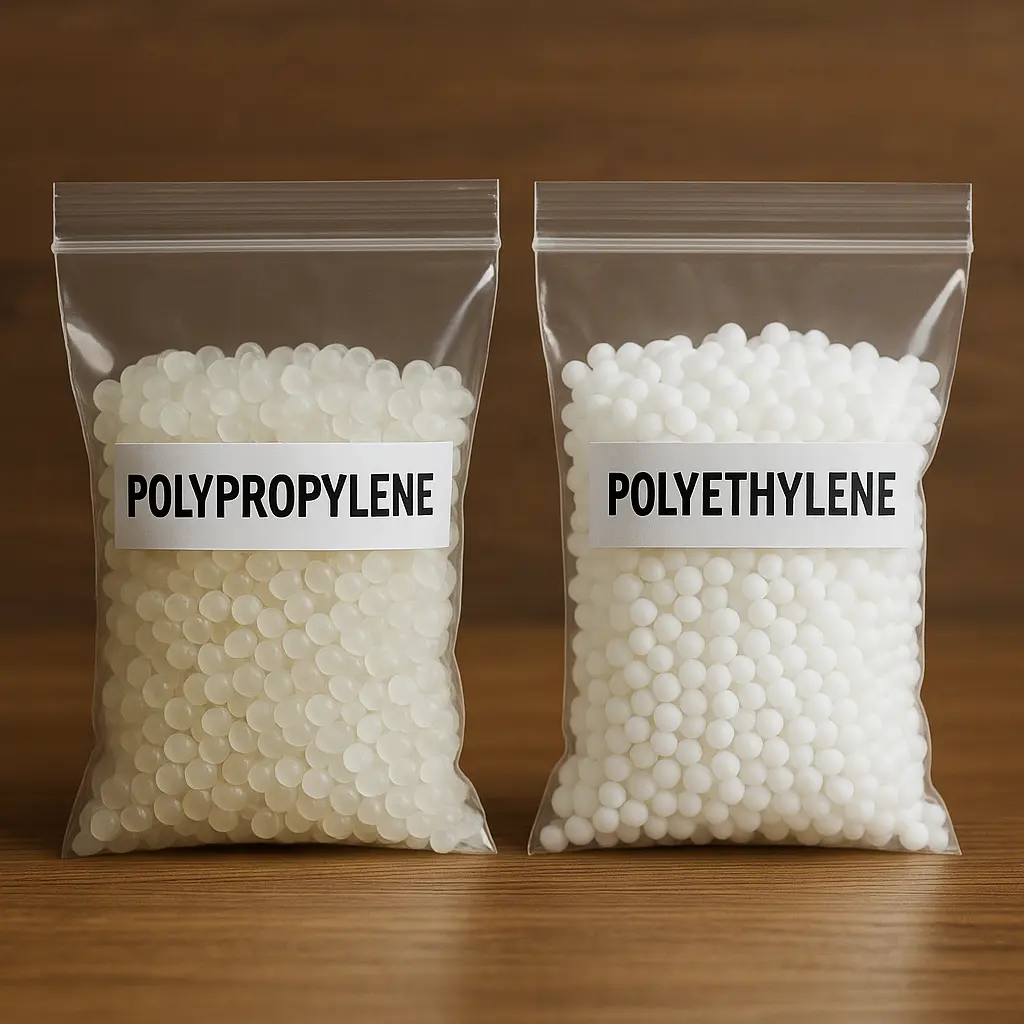 Sacs de granulés de plastique en polypropylène et en polyéthylène montrant les principales différences de texture et d'aspect sur fond de bois.