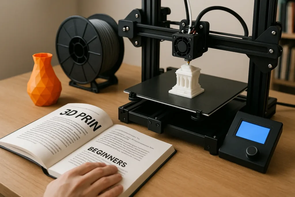 Imprimante 3D créant un modèle avec un guide du débutant sur la table, idéal pour un blog éducatif sur l'impression 3D