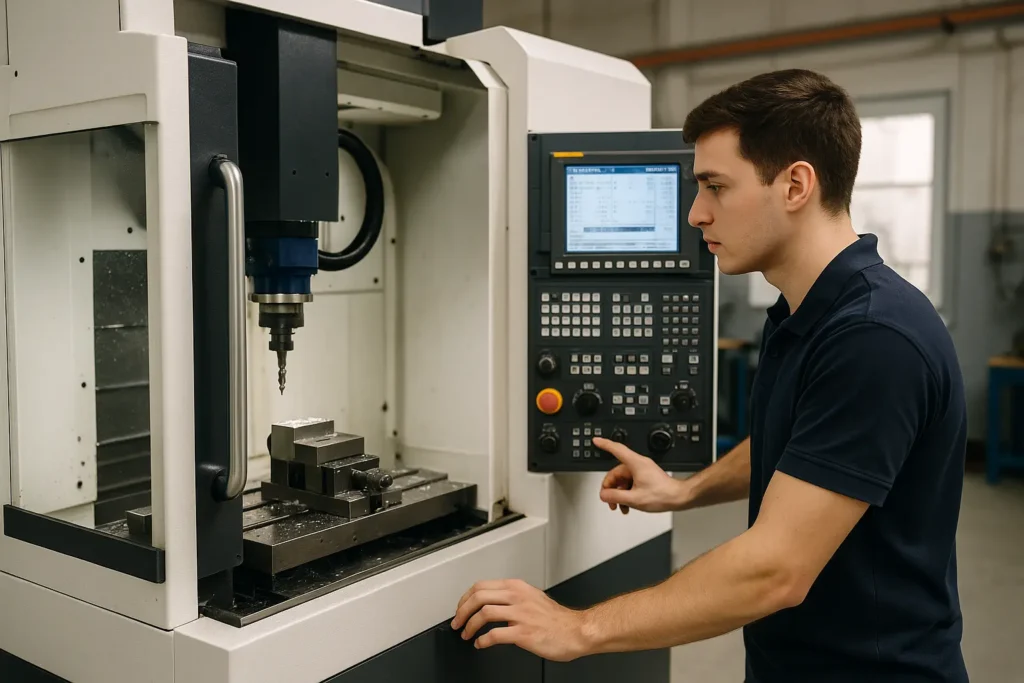Débutant utilisant une fraiseuse CNC dans un atelier moderne avec panneau de commande numérique