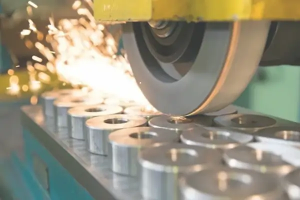 A grinding machine with sparks flying as it polishes metal rings for an electropolished finish.
