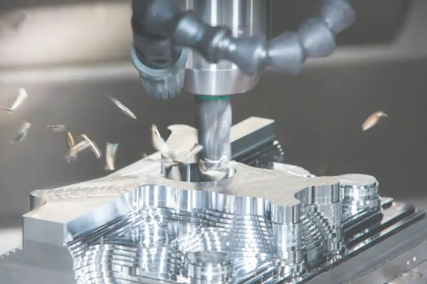 A CNC machine milling a metal part.